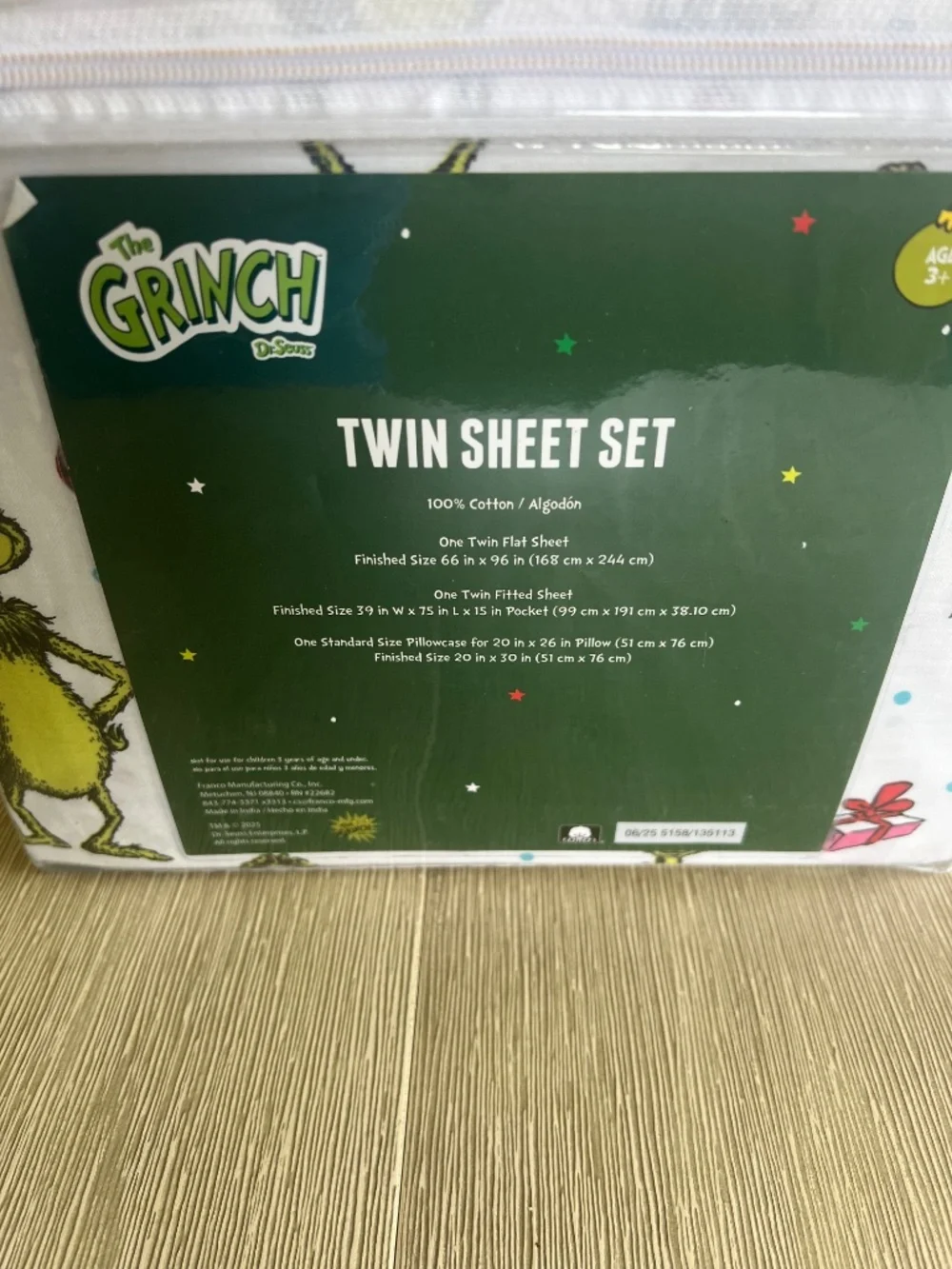 Dr Seuss The Grinch Christmas Twin Size 100% Cotton 3 Piece Set